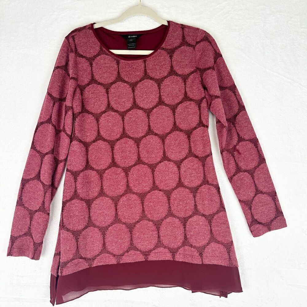 Ali Miles Dot Tunic Size Small Open Knit Chiffon Trim Lagenlook Artsy